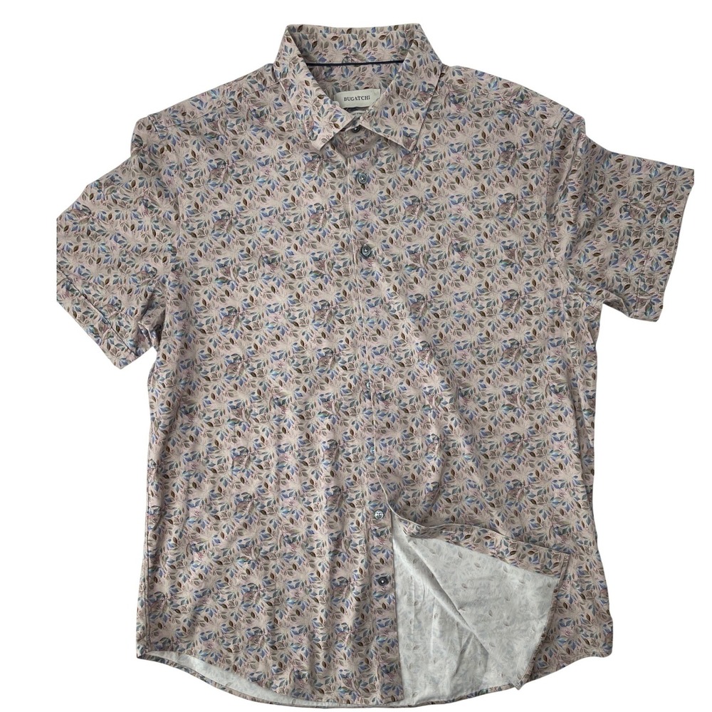 Bugatchi Short Sleeve Button Down Size L Multicolor Good 8Way Stretch Leaf Print